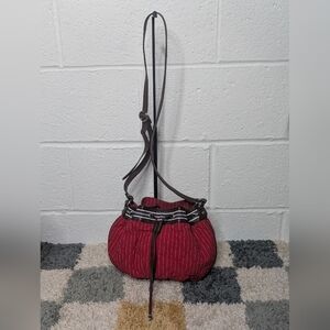 Vera Bradley Drawstring Hobo Bucket Crossbody Red w/ White Stripe Leather Straps